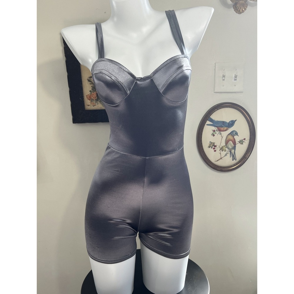 Vintage Cheryl Creations Grey Satin Romper Biker Shorts Bodysuit Size M